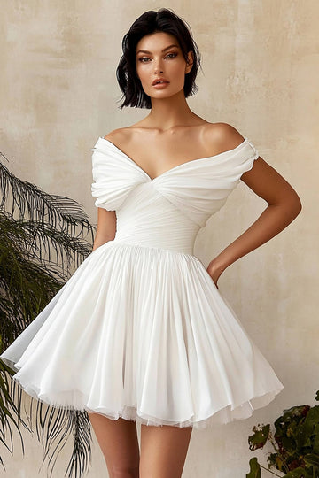 White Off the Shoulder A Line Pleated Short Graduation Dress
